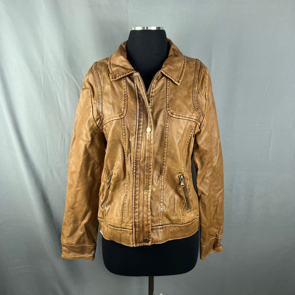 YMI Collection Moto Jacket Womens XL Brown Faux Leather Full Zip Pocket Riding